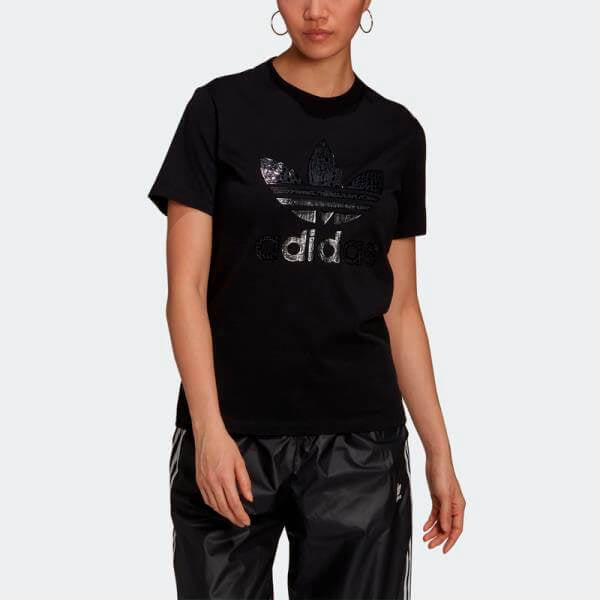 Adidas Originals női póló – fekete, prémium hatású fényes logóval